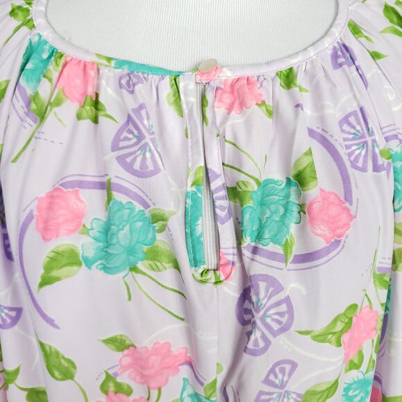 Vintage Purple Pink Tropical Floral Nightgown Nightie Kaftan Keyhole Neck OSFA - Picture 3 of 15